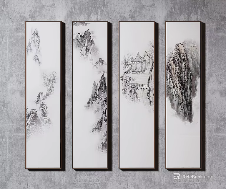 Four Vertical Chinese Ink Paintings With Mountain Landscape Clouds And Pavilion 3d model 