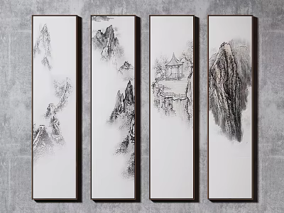Four Vertical Chinese Ink Paintings With Mountain Landscape Clouds And Pavilion 3d model