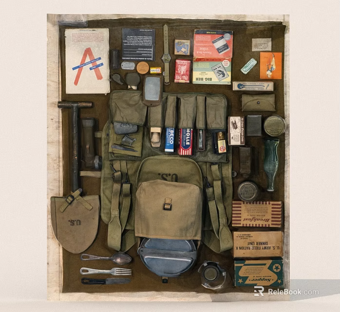 Vintage Military Gear Collection With Backpack Shovel Utensils Cans Water Bottle And Boxes 3d model 