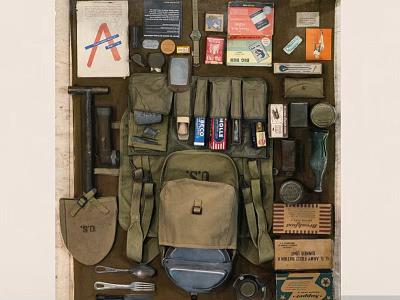 Vintage Military Gear Collection With Backpack Shovel Utensils Cans Water Bottle And Boxes 3d model
