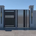 Modern Slatted Metal Gate Design With Stone Pillars And Exterior Lights