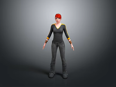 Woman with red hair wearing black top and yellow accents black pants and boots 3d model