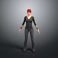 Woman with red hair wearing black top and yellow accents black pants and boots