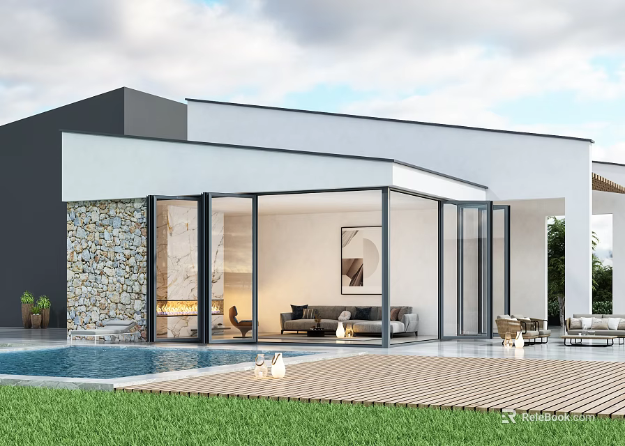 Modern Detached Villa With Glass Walls Swimming Pool Green Lawn And Outdoor Living Area 3d model 