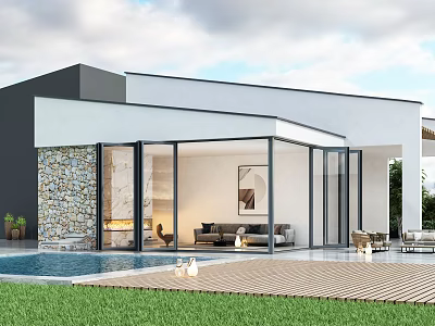 Modern Detached Villa With Glass Walls Swimming Pool Green Lawn And Outdoor Living Area 3d model