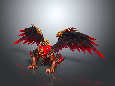 Fierce Mythical Creature With Red Black Feathered Wings And Golden Accents Standing 3d model