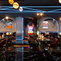 Modern Bar Interior with Colorful Spherical Pendant Lights Stage Tables Chairs and Lighting Effects