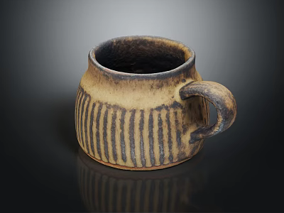 Handcrafted Ceramic Mug With Striped Design Brown Yellow Tones And Handle 3d model