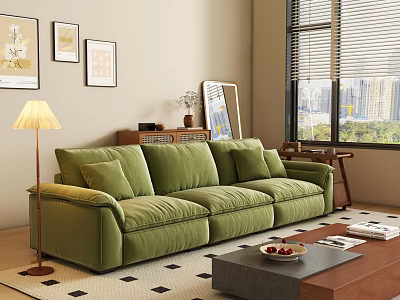 Green Fabric Sectional Sofa In Living Room With Floor Lamp Coffee Table And City View 3d model