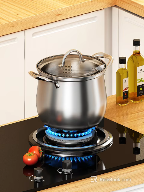 Stainless Steel Cooking Pot On Gas Stove In Kitchen 3d model 