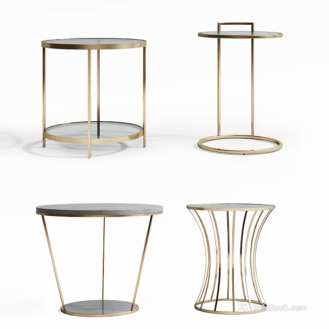 Stylish Modern Round Side Tables With Gold Metal Legs And Glass Table Tops 3d model 