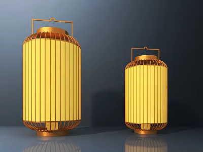 Pair of Lantern Style Table Lamps with Golden Frame and Yellow Shade on Dark Background 3d model