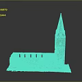 Ancient Church Ruin Model With Tall Spire Stone Structure And Grass Base