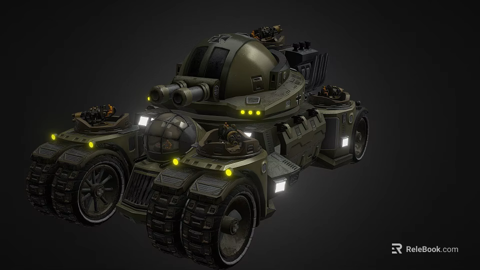 Military Green Science Fiction Tank With Top Turret Multiple Wheels Tracks And Yellow Lights 3d model 
