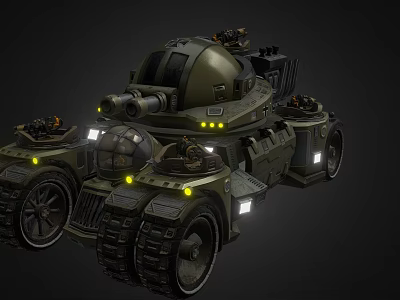 Military Green Science Fiction Tank With Top Turret Multiple Wheels Tracks And Yellow Lights 3d model