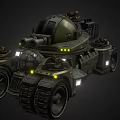 Military Green Science Fiction Tank With Top Turret Multiple Wheels Tracks And Yellow Lights