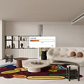 Modern Living Room Interior Design With White Sofa Colorful Rug And Round Coffee Table