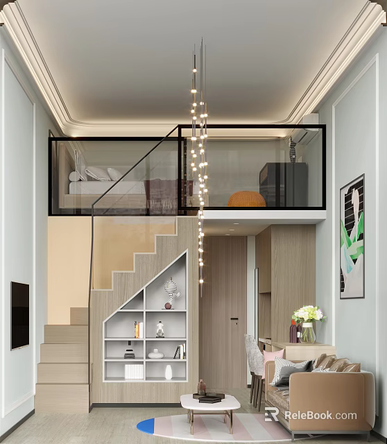 Modern Loft Apartment Interior With Glass Railing Staircase Upper Floor Bedroom Lighting And Wooden Decor 3d model 