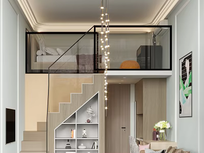 Modern Loft Apartment Interior With Glass Railing Staircase Upper Floor Bedroom Lighting And Wooden Decor 3d model