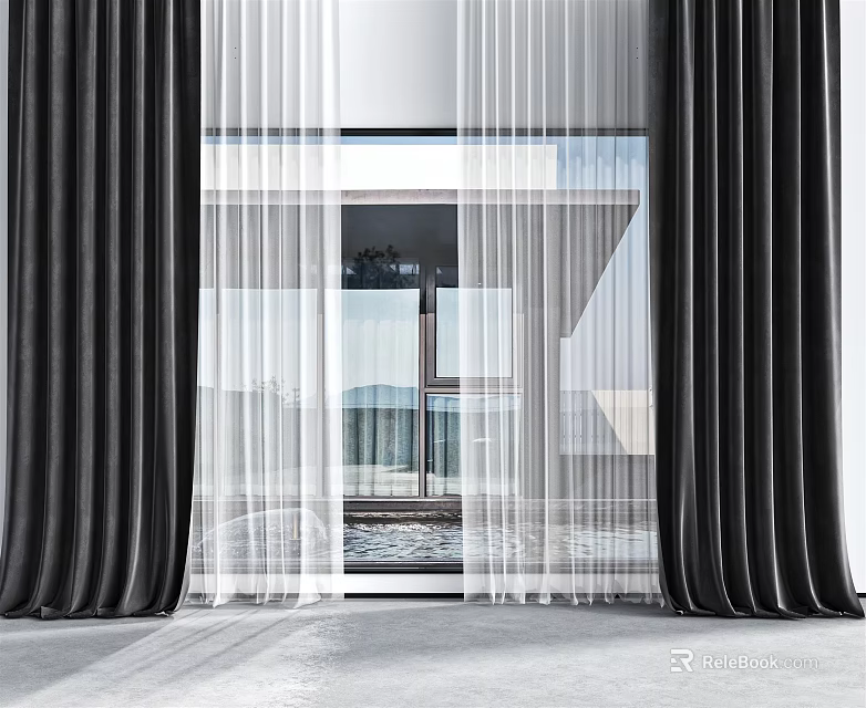 Black And White Modern Curtains With Velvet Sheer Fabric For Living Room Window 3d model 