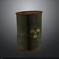 Green Cylindrical Container with Red Rimmed Edges and Yellow Circular Design Featuring Two Figures