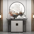 Modern Chinese Entryway Console Table With Circular Artwork And Pendant Lights 3d model