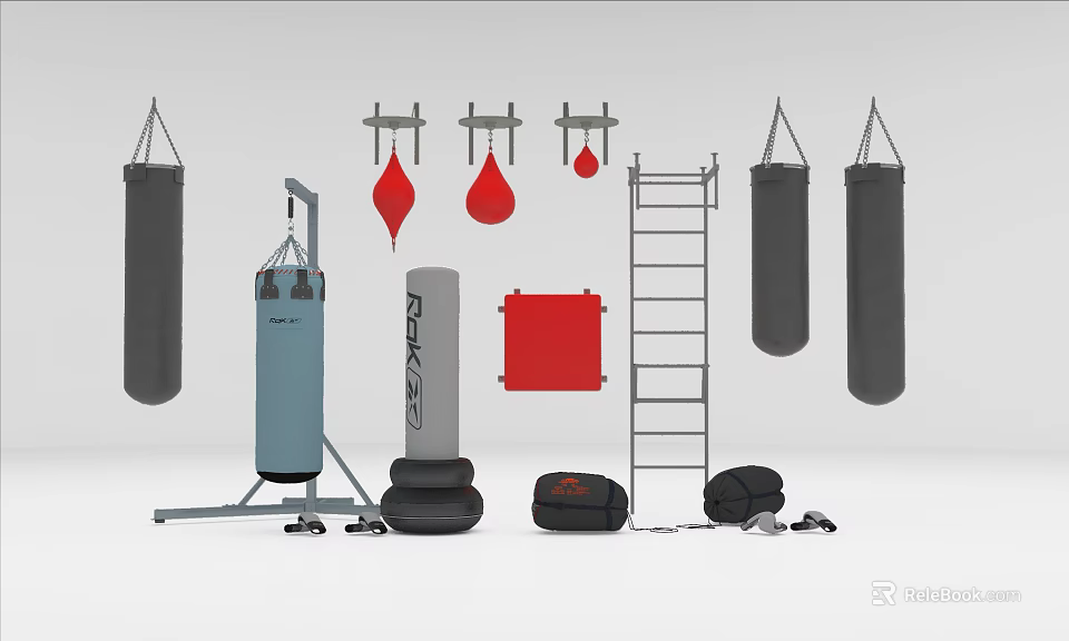 Boxing Sports Equipment Including Punching Bags Speed Bags Ladder And Training Mats 3d model 