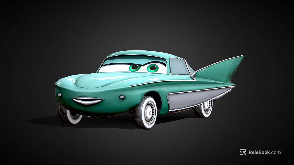 Green Cartoon Car with Big Eyes Smiling Face and Unique Fins Design 3d model 