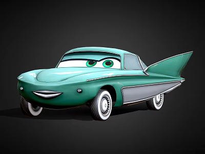 Green Cartoon Car with Big Eyes Smiling Face and Unique Fins Design 3d model