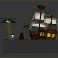 Pirate Ship Play Scene With Blue Water Sand Beach Palm Trees And Figures