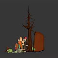 Group Of Cartoon Characters With Forest Creatures Near Cave And Tall Tree In Grass