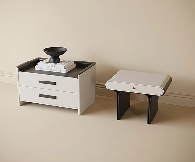 Modern White And Black Bedside Tables With Drawers Decorative Bowl And Books 3d model