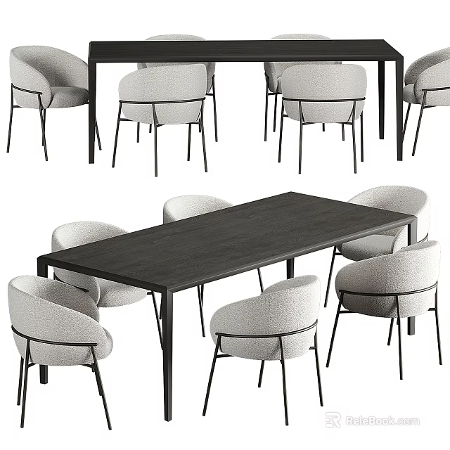 Modern Dark Wood Dining Table Set With Black Metal Legs And Light Gray Upholstered Chairs 3d model 