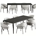 Modern Dark Wood Dining Table Set With Black Metal Legs And Light Gray Upholstered Chairs