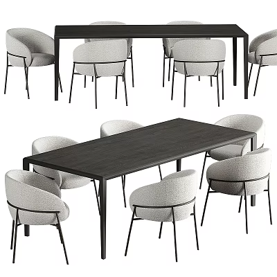 Modern Dark Wood Dining Table Set With Black Metal Legs And Light Gray Upholstered Chairs 3d model