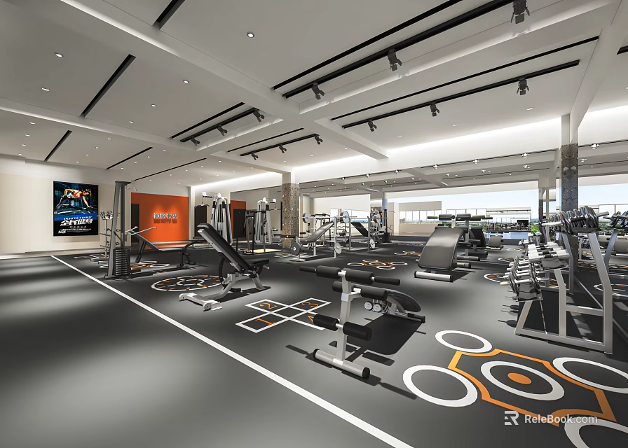 Modern Gym Interior Featuring Spacious Workout Area Fitness Equipment And Orange White Floor Circles 3d model 