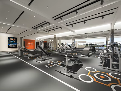 Modern Gym Interior Featuring Spacious Workout Area Fitness Equipment And Orange White Floor Circles 3d model