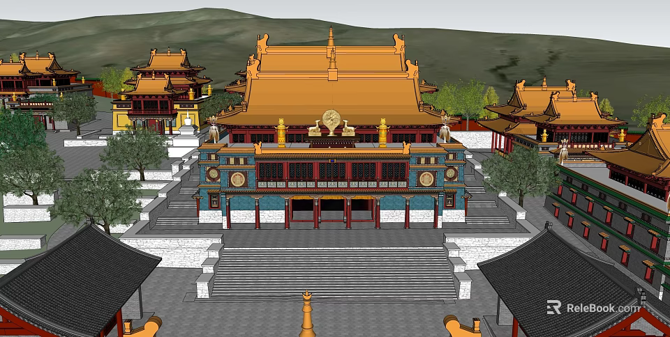 Ancient Chinese Architecture With Yellow Roofs Multi tiered Steps Surrounding Buildings Trees And Distant Mountains 3d model 