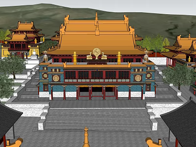 Ancient Chinese Architecture With Yellow Roofs Multi tiered Steps Surrounding Buildings Trees And Distant Mountains 3d model