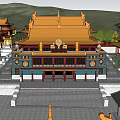 Ancient Chinese Architecture With Yellow Roofs Multi tiered Steps Surrounding Buildings Trees And Distant Mountains