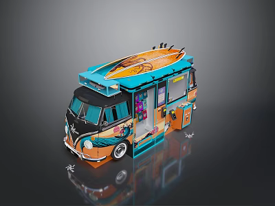 Colorful Mobile Food Truck With Surfboard Top And Decorative Graphics 3d model