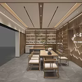 Traditional Chinese Tea House Interior With Wooden Decor Display Shelves Tables Chairs And Green Plants