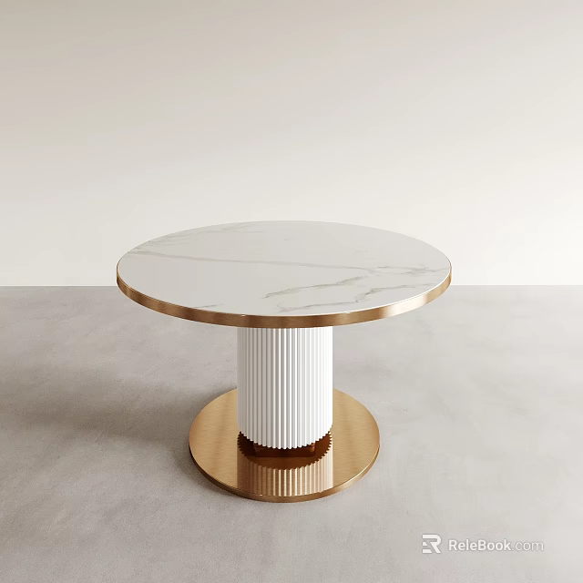 Round Marble Dining Table with White Ribbed Column and Golden Base 3d model 