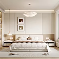 Modern Minimalist Bedroom Interior With Large Bed Wall Paintings Chandelier And Warm Tones
