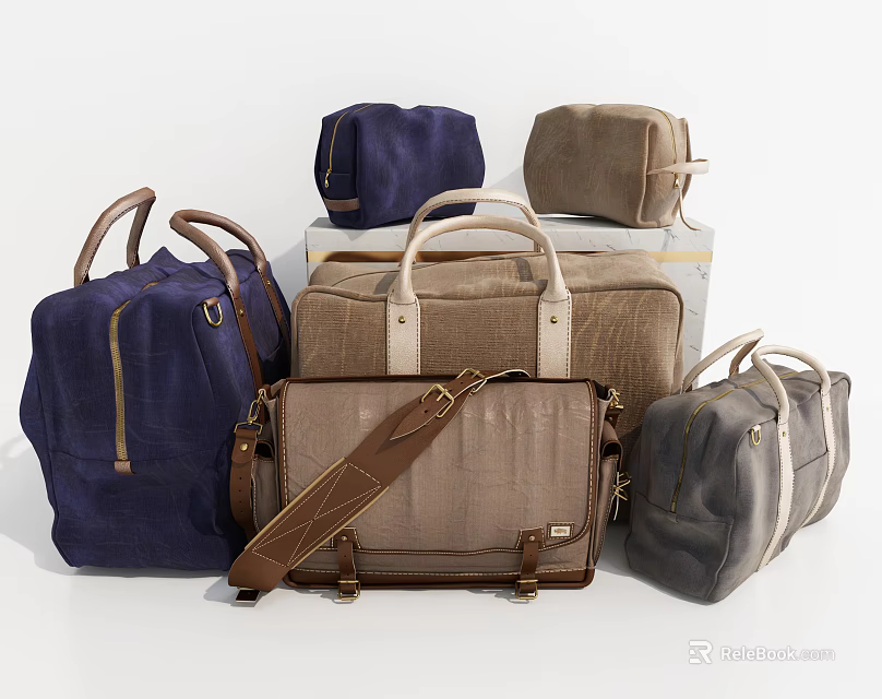 Various Stylish Bags In Blue Brown Gray With Leather Straps And Zipper Details 3d model 
