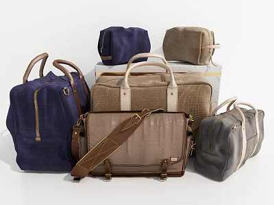 Various Stylish Bags In Blue Brown Gray With Leather Straps And Zipper Details 3d model
