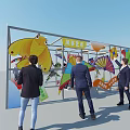 Colorful Kite Exhibition Corridor With People Walking And Decorative Artworks