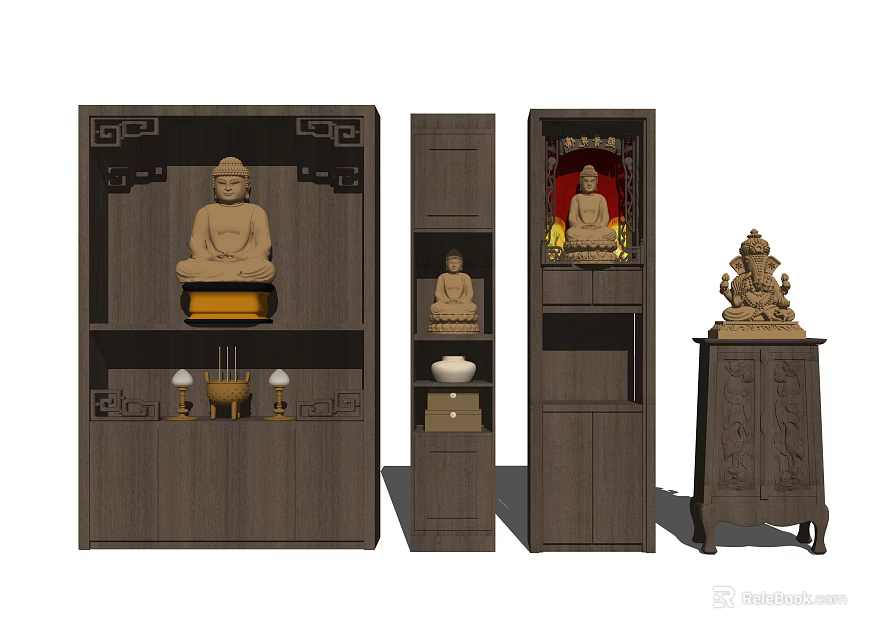 Traditional Wooden Buddhist Shrine Cabinets With Buddha Statues And Decorative Details 3d model 