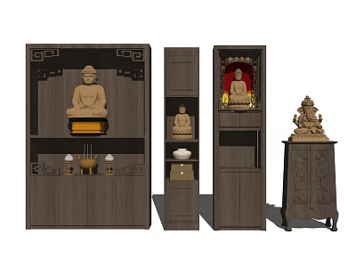 Traditional Wooden Buddhist Shrine Cabinets With Buddha Statues And Decorative Details 3d model