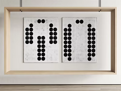 Two Panel Abstract Wall Art With Black Dots On White Canvas In Light Wood Frame 3d model